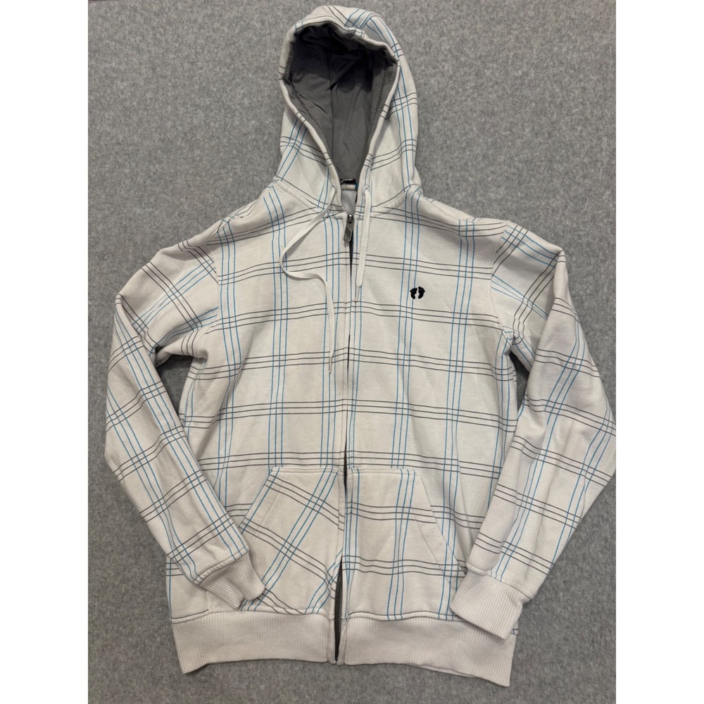 Y2K Hang Ten Mens‎ Plaid Full Zip Hoodie White Blue Grey Sweatshirt Medium
